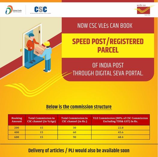 Great News!!
 Now CSC VLEs can Book Speed Post/Registered Parcel of India Post T…