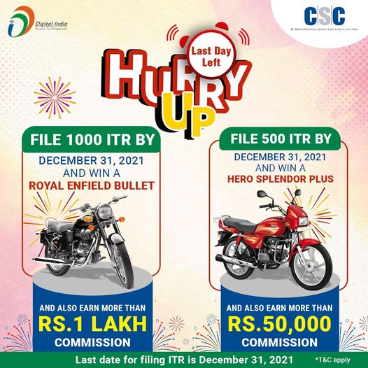 HURRY UP, LAST DAY LEFT!!
 File 1000 ITR By December 31, 2021 And Win A ROYAL EN…