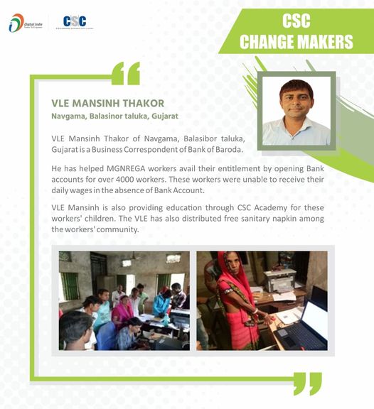 CSC Change Makers!!  VLE Mansinh Thakor of Navgama, Balasibor taluka, Gujarat is…
