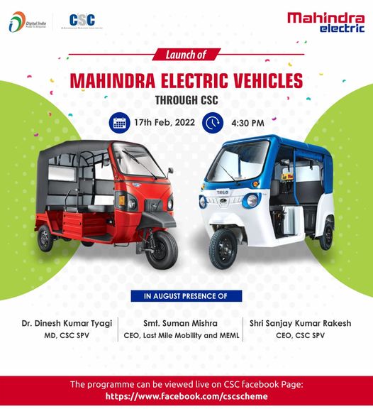 Launch of #Mahindra Electric Vehicles through CSC…
 Join us LIVE on the #CSC F…
