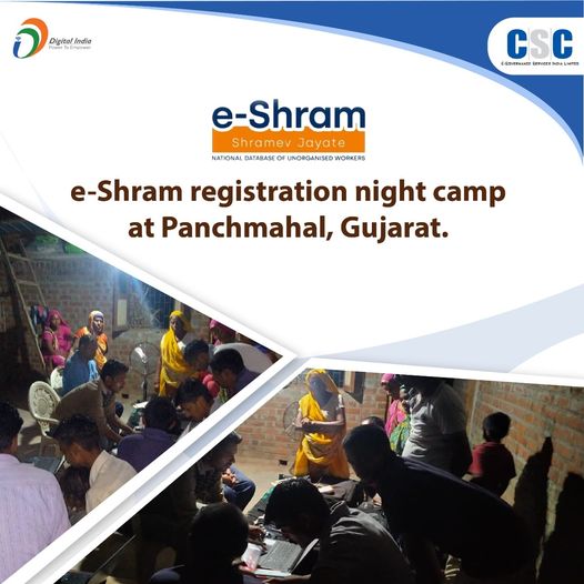 e-Shram registration night camp was organized at Panchmahal, Gujarat.
 #CSC #Dig…