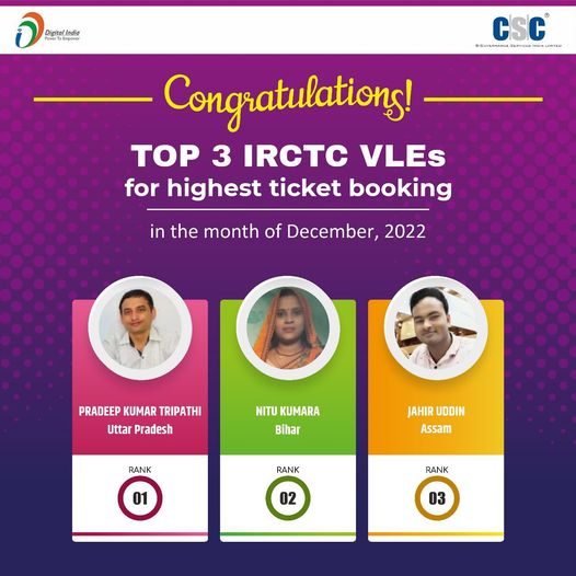 Congratulations!!
 To the Top 3 IRCTC VLEs for Highest Ticket Booking in the mon…