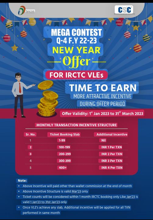 Mega Contest: New Year Offer for #IRCTC VLEs…
 More Attractive Incentives…
 …