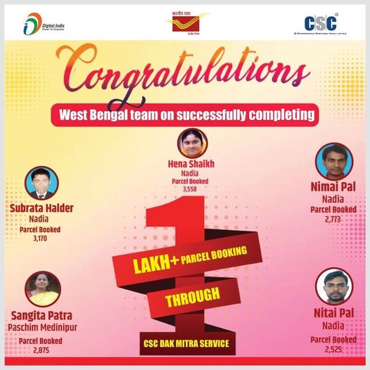 Congratulations!!
 West Bengal Team on Successfully completing 1 Lakh+ Parcel Bo…