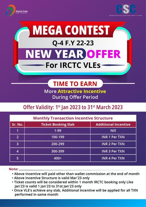Mega Contest: New Year Offer for #IRCTC VLEs…
 More Attractive Incentives…
 …