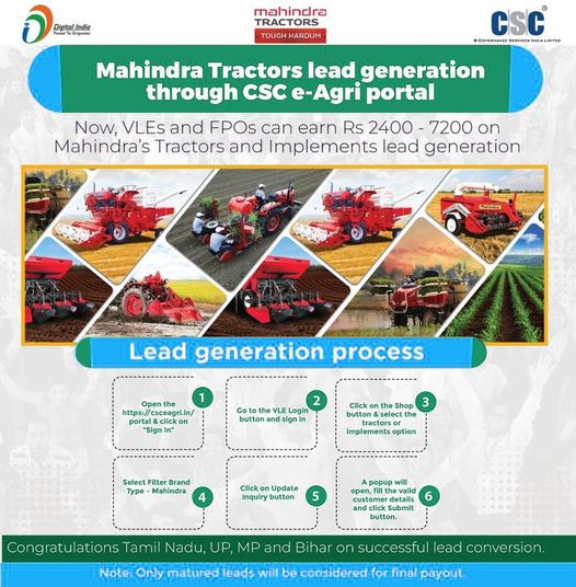 Mahindra Tractors Lead Generation through CSC e-Agri Portal…
 Now, VLEs can ea…