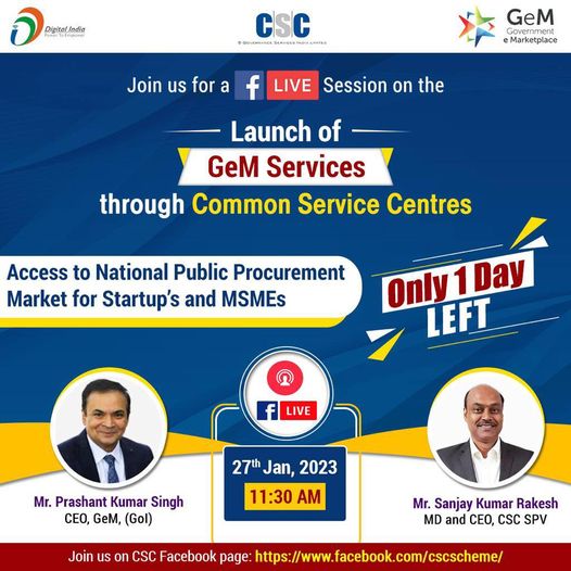 Only one day to go for the launch of GeM services through CSC! Join us tomorrow …