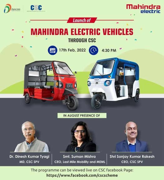 Launch of #Mahindra Electric Vehicles through CSC…
 Join us LIVE on the #CSC F…