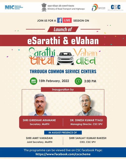 Launch of eSarathi & eVahan through CSC…
 Join us LIVE on the #CSC Faceboo…